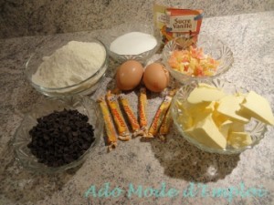 ingrédients cookies au carambar nougat, pépites de chocolat et fruit confits